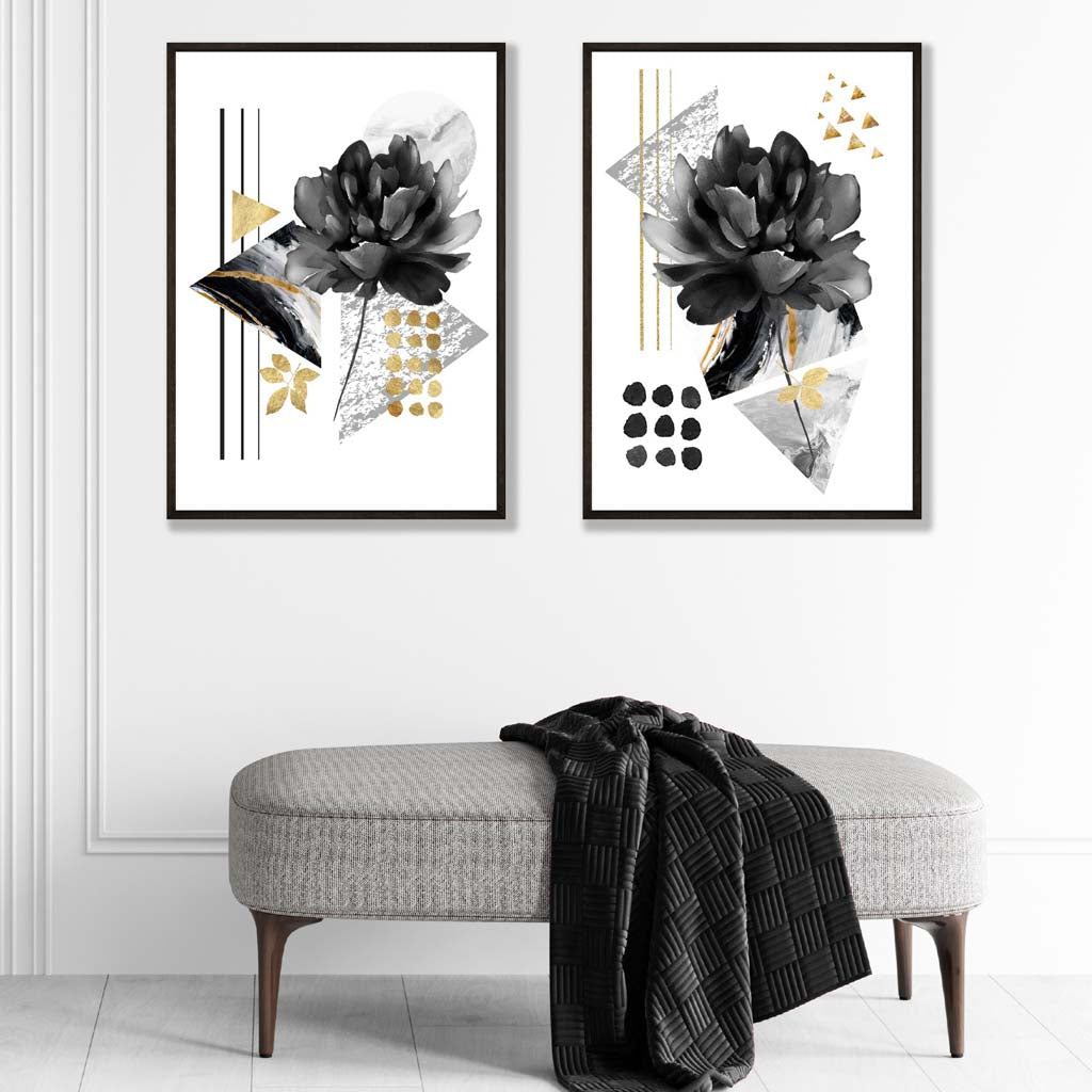 Moderne blomstermotiver, sett med 2 kunsttrykk i svart og gullramme