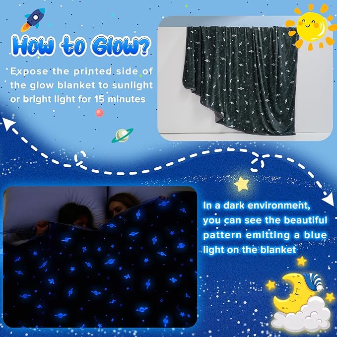 Glow-in-the-Dark Kjøleteppe For Barn– Q-Max > 0.5, Dobbeltsidig Farge Svart | Skanto