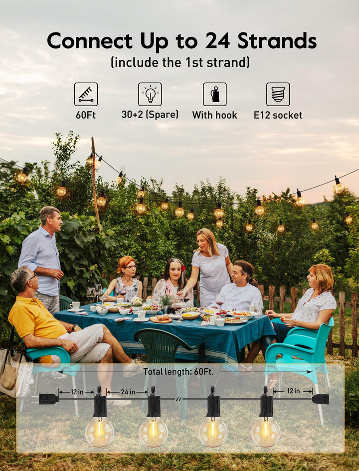 Skanto | Brightown 60Ft Utendørs Lyskjettinger - G40 Globe Led Terrasselys Med 32 Støtsikre Lyspærer
