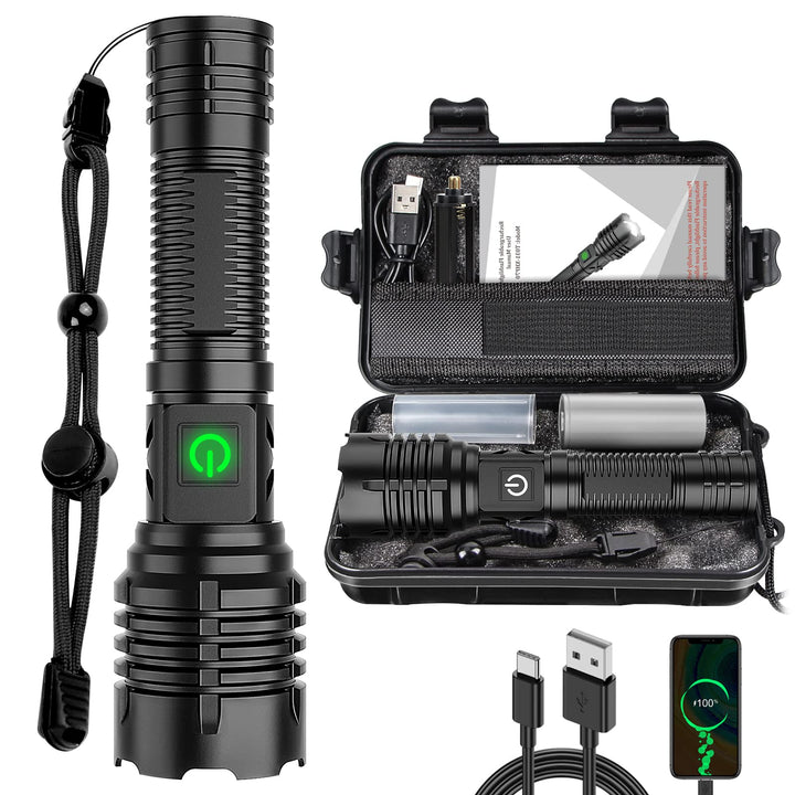 Skanto | Banral 100000 lumen oppladbart lommelampe, Ipx6 vanntett, 5 moduser, zoombar, aluminium