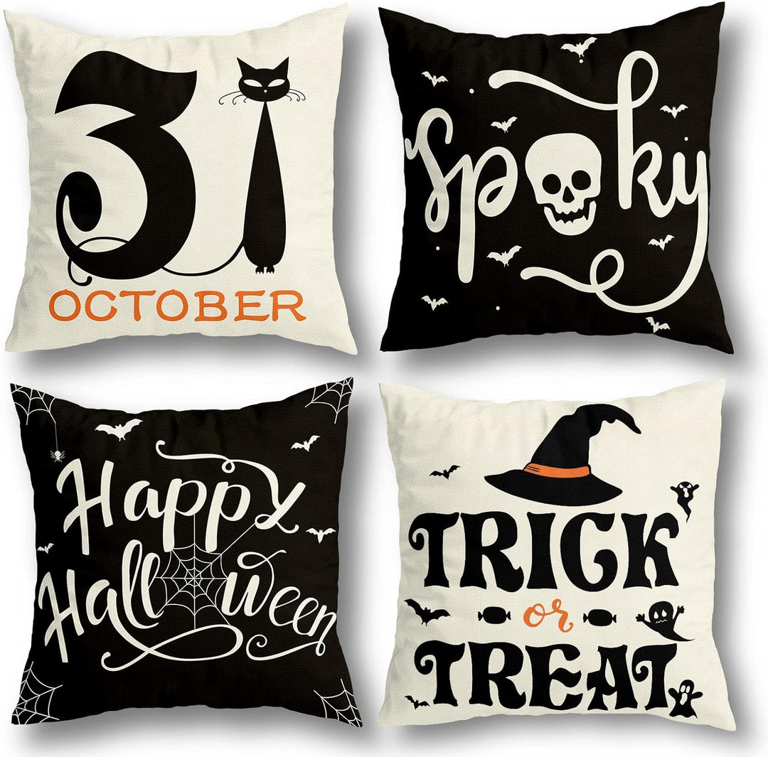 Sett med 4 Halloween putetrekk - Edderkoppnett, Katt, Hodeskalle dekorative putefutter (45 x 45 CM) Skanto