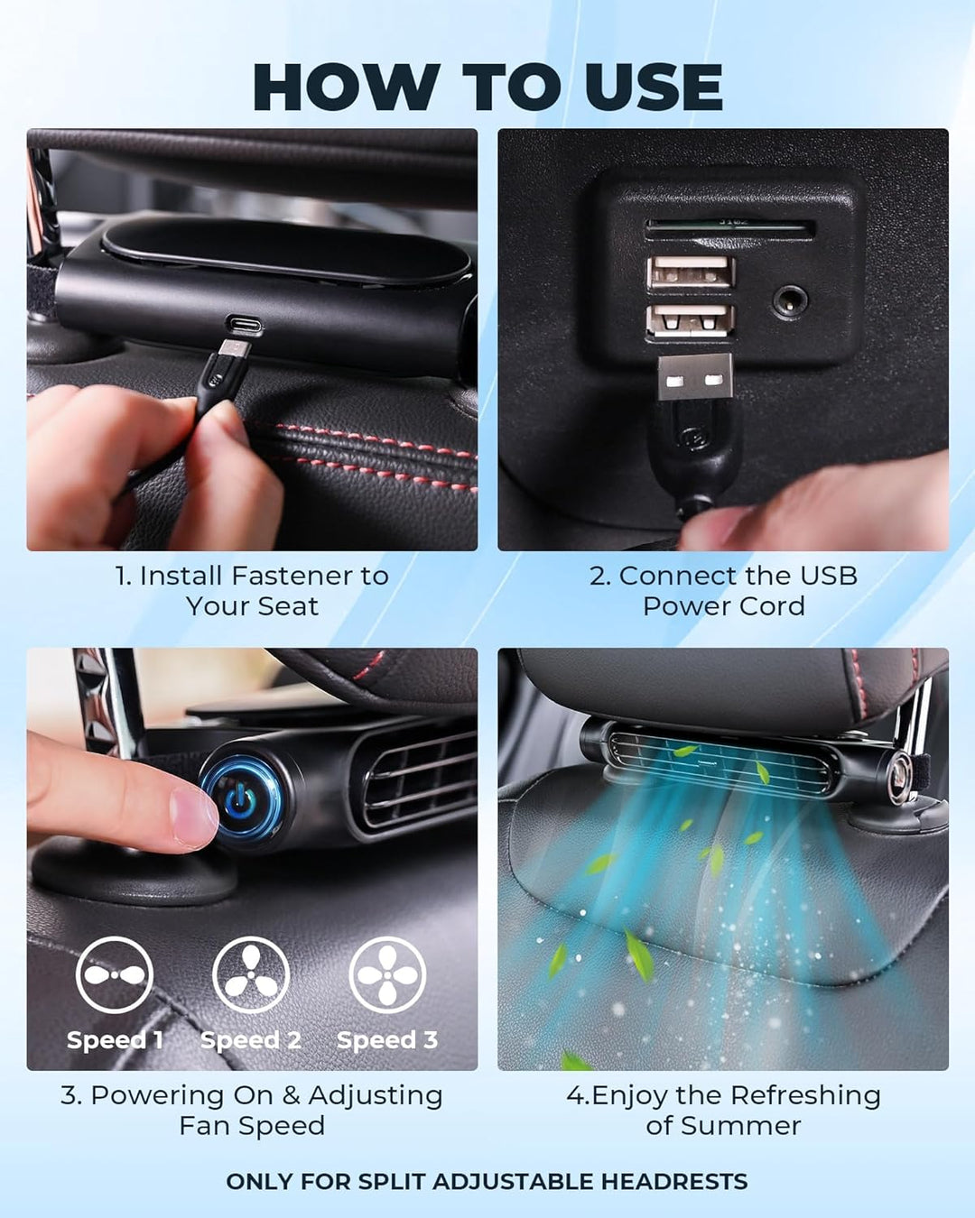 Skanto | 3 Hastigheter USB Bil Kjølevifte & Hodebeinmontering – AutoBreeze (1+1 GRATIS)
