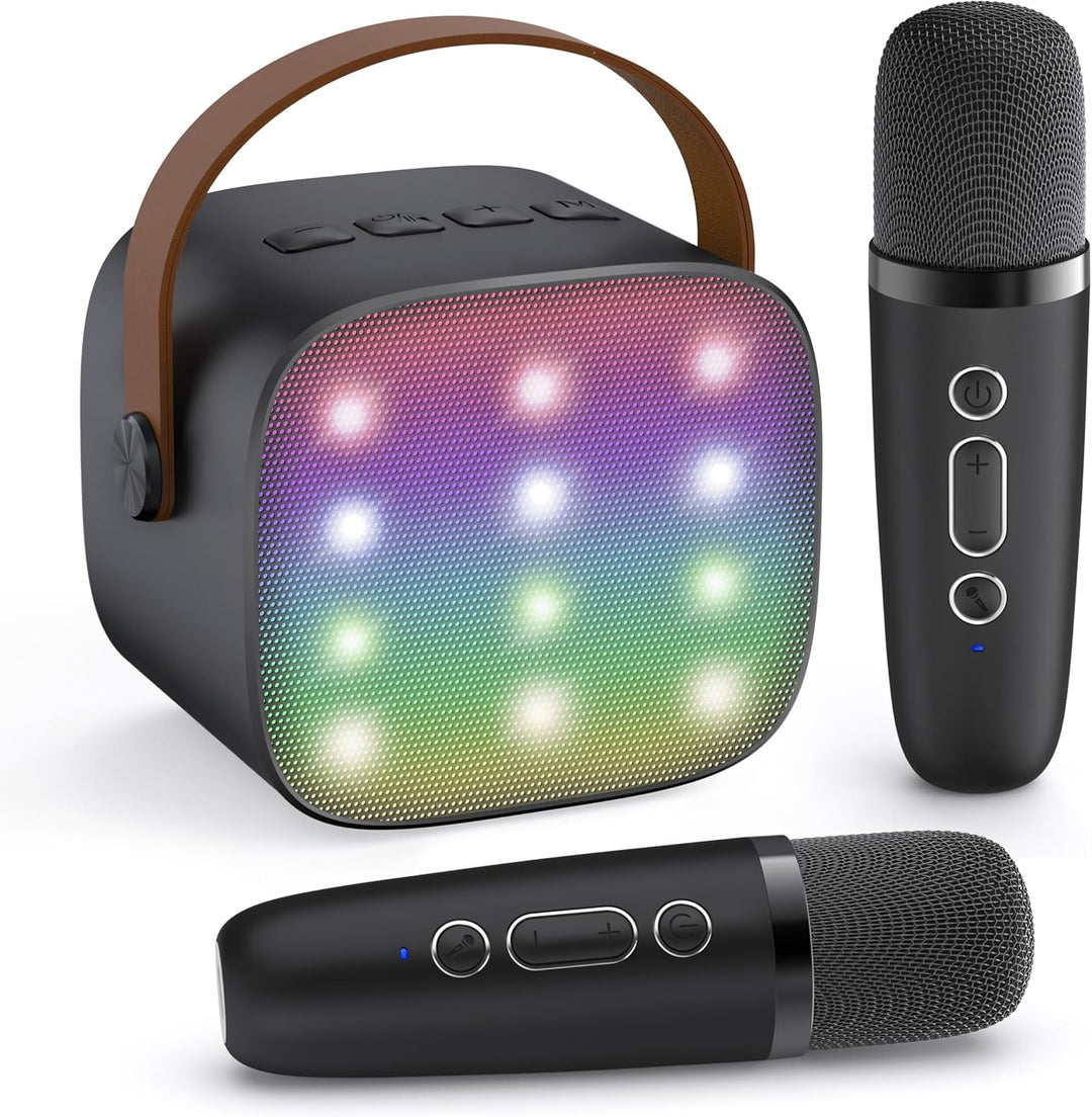 Skanto | Bærbar Mini Karaoke-maskin med Bluetooth-høyttaler og 2 trådløse mikrofoner – Veylo