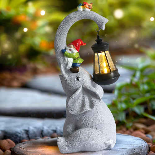 Skanto | Snowrabbit Elefantstatuer Utemøbler - Lykkeelefant Ute Statuer Med Solcelledrevet Lantern, Elefantstatue Gaver For