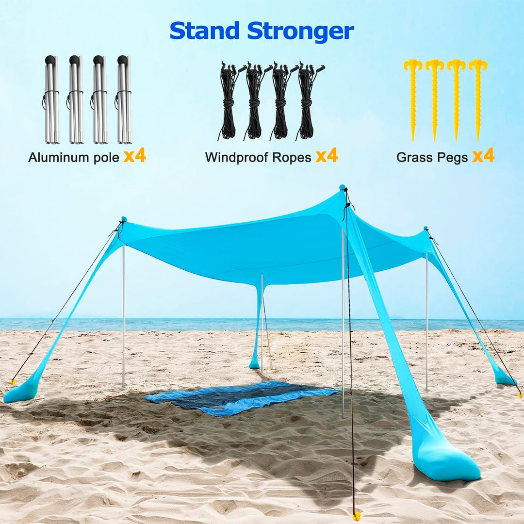 Frendorf | UPF50+ Familietelt for stranden med aluminiumsstenger og sandanker