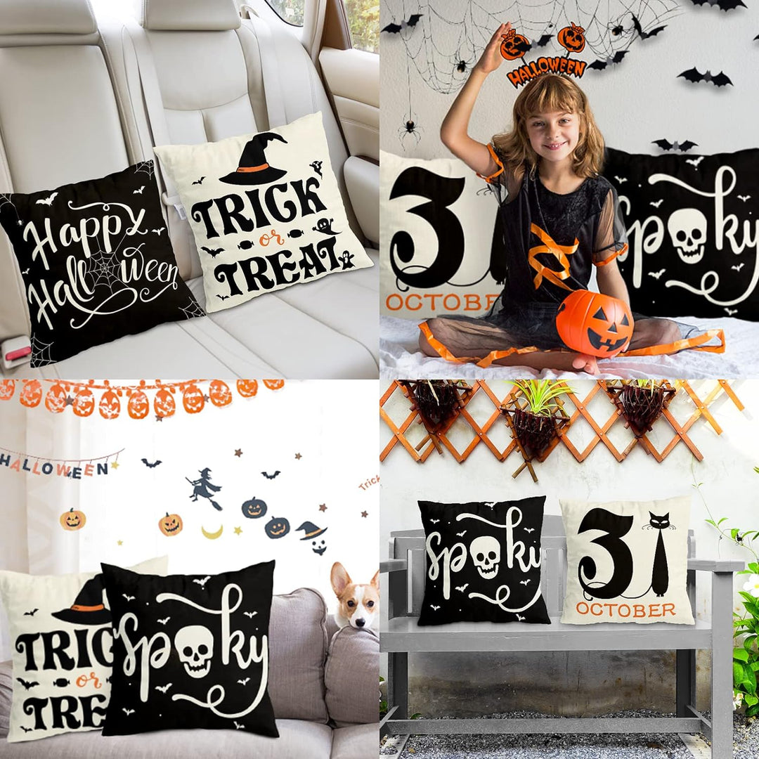 Sett med 4 Halloween putetrekk - Edderkoppnett, Katt, Hodeskalle dekorative putefutter (45 x 45 CM) Skanto