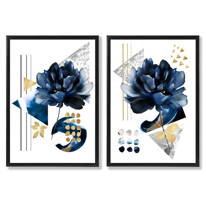 Moderne blomstertrykk i blått og gull, innrammet sett med 2 kunsttrykk