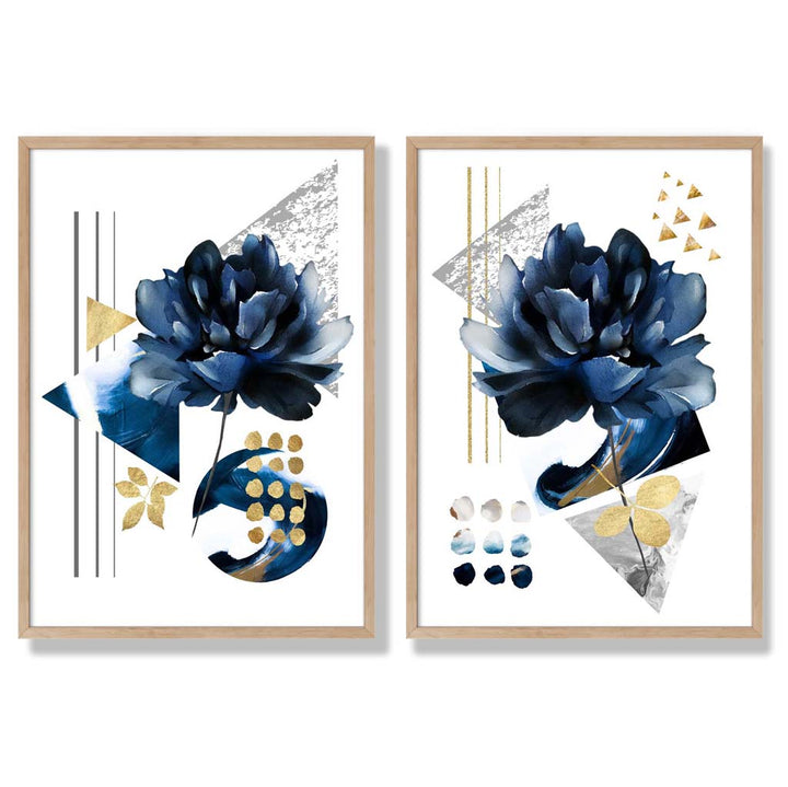 Moderne blomstertrykk i blått og gull, innrammet sett med 2 kunsttrykk