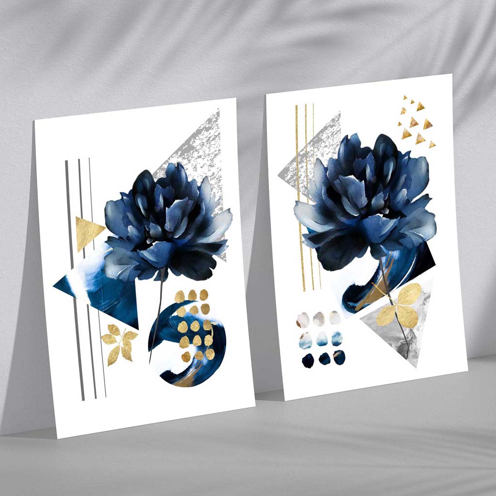 Moderne blomstertrykk i blått og gull, innrammet sett med 2 kunsttrykk