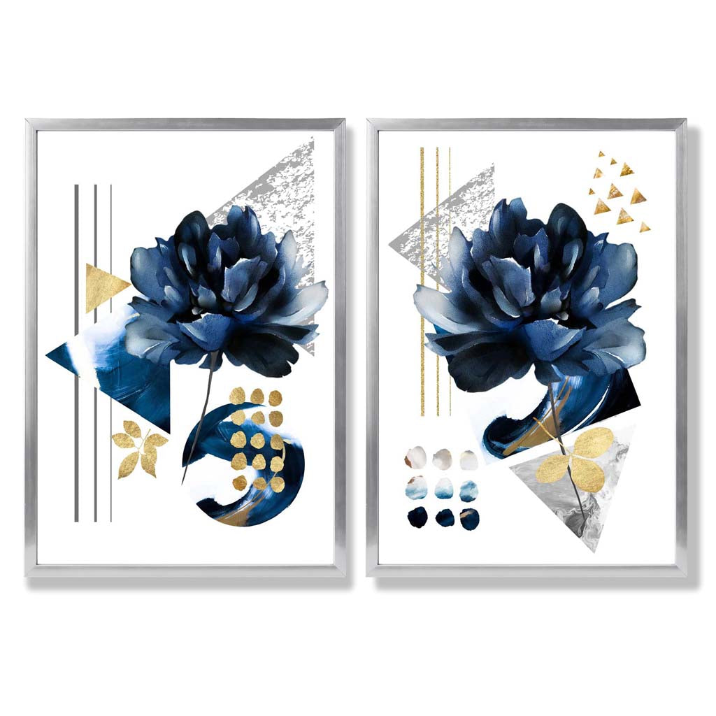 Moderne blomstertrykk i blått og gull, innrammet sett med 2 kunsttrykk