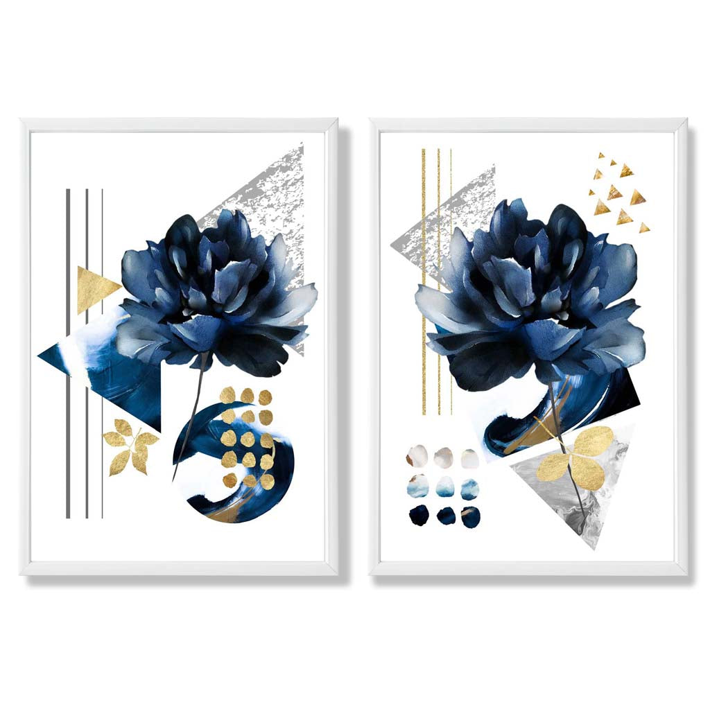 Moderne blomstertrykk i blått og gull, innrammet sett med 2 kunsttrykk