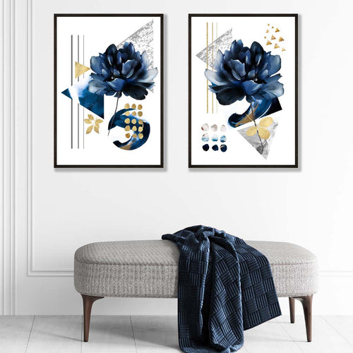Moderne blomstertrykk i blått og gull, innrammet sett med 2 kunsttrykk