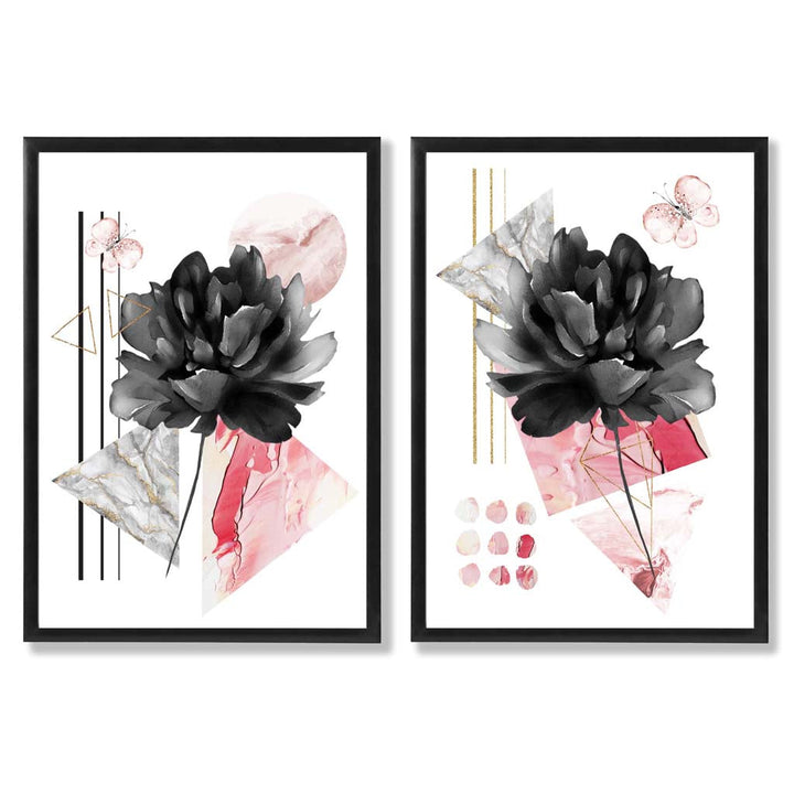 Moderne blomster i svart og rosa – innrammet sett med 2 kunsttrykk