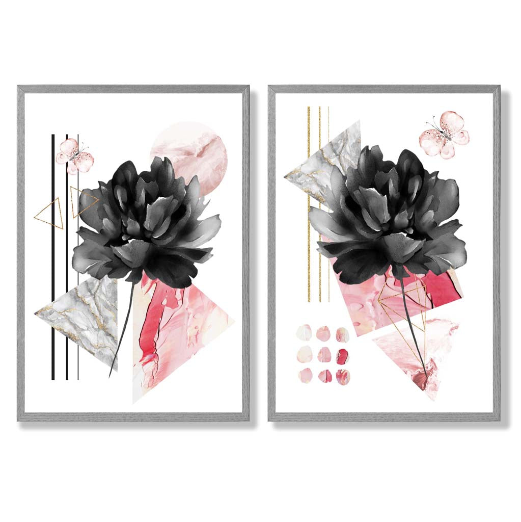 Moderne blomster i svart og rosa – innrammet sett med 2 kunsttrykk
