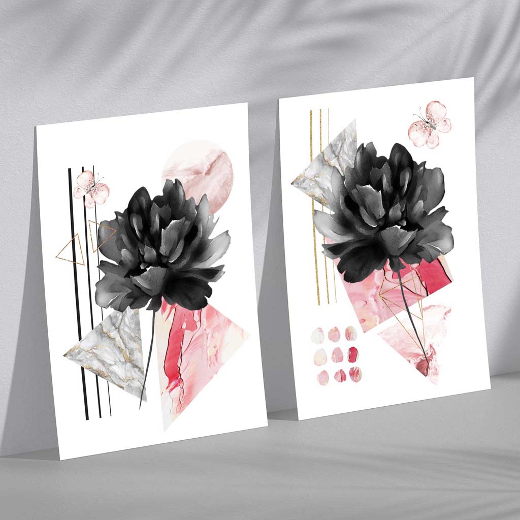 Moderne blomster i svart og rosa, sett med 2 kunsttrykk