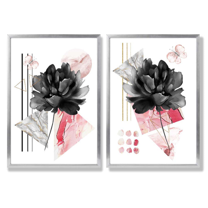 Moderne blomster i svart og rosa – innrammet sett med 2 kunsttrykk