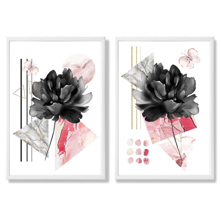 Moderne blomster i svart og rosa – innrammet sett med 2 kunsttrykk