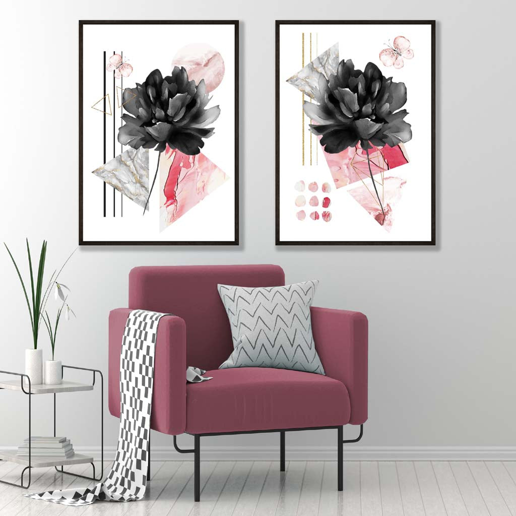 Moderne blomster i svart og rosa, sett med 2 kunsttrykk