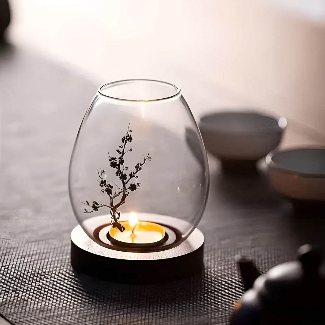 2-delt sett glasskandelholdere med tresokkel - dekorativ i retro zen-stil | perfekt for stue, borddekorasjon og utendørs | Skanto
