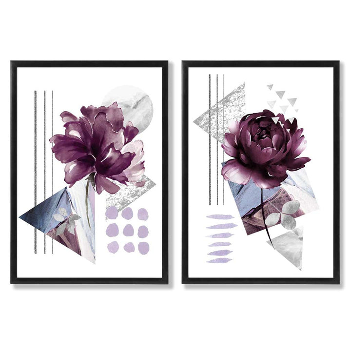 Moderne blomstertrykk i lilla ramme, sett med 2 kunsttrykk