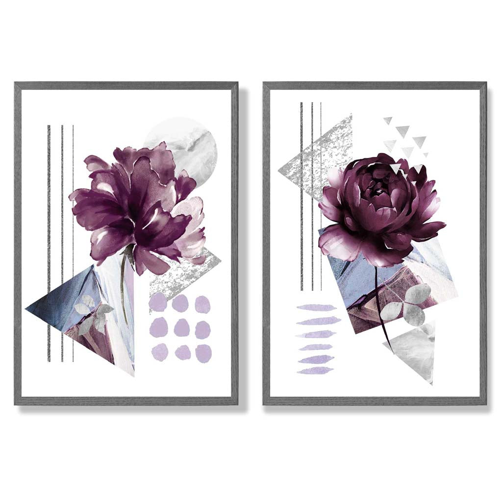 Moderne blomstertrykk i lilla ramme, sett med 2 kunsttrykk