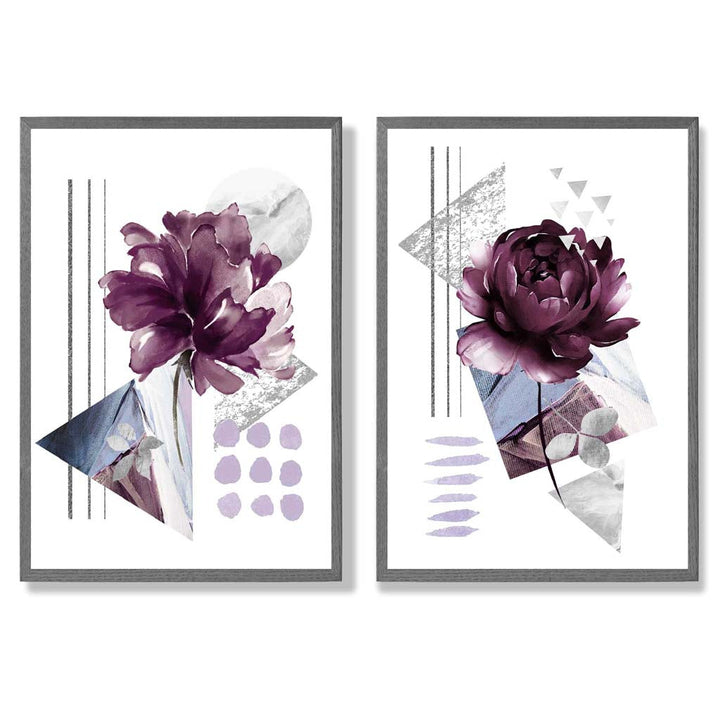 Moderne blomstertrykk i lilla ramme, sett med 2 kunsttrykk