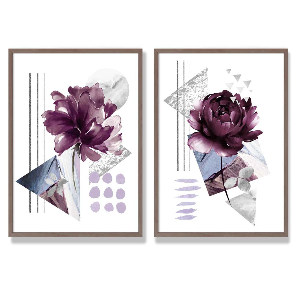 Moderne blomstertrykk i lilla ramme, sett med 2 kunsttrykk