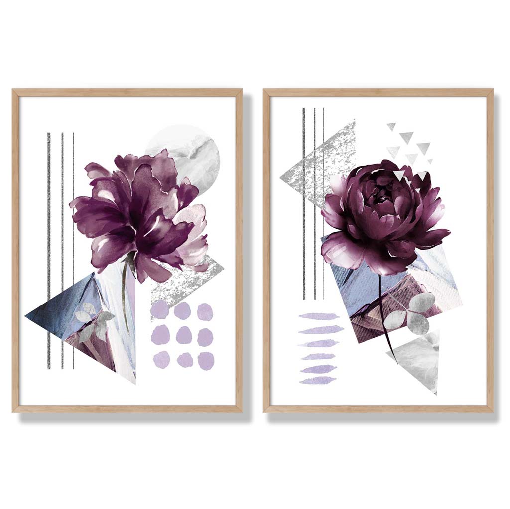 Moderne blomstertrykk i lilla ramme, sett med 2 kunsttrykk