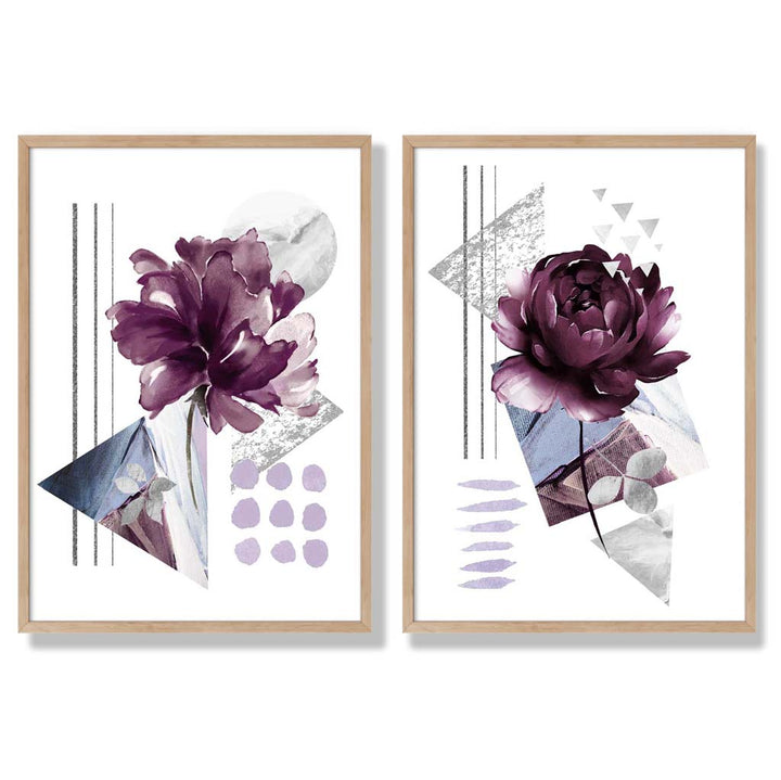 Moderne blomstertrykk i lilla ramme, sett med 2 kunsttrykk