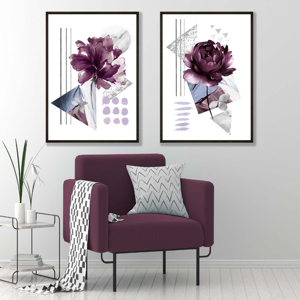Moderne blomstertrykk i lilla ramme, sett med 2 kunsttrykk