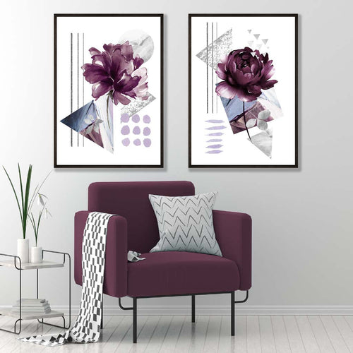 Moderne blomstertrykk i lilla ramme, sett med 2 kunsttrykk