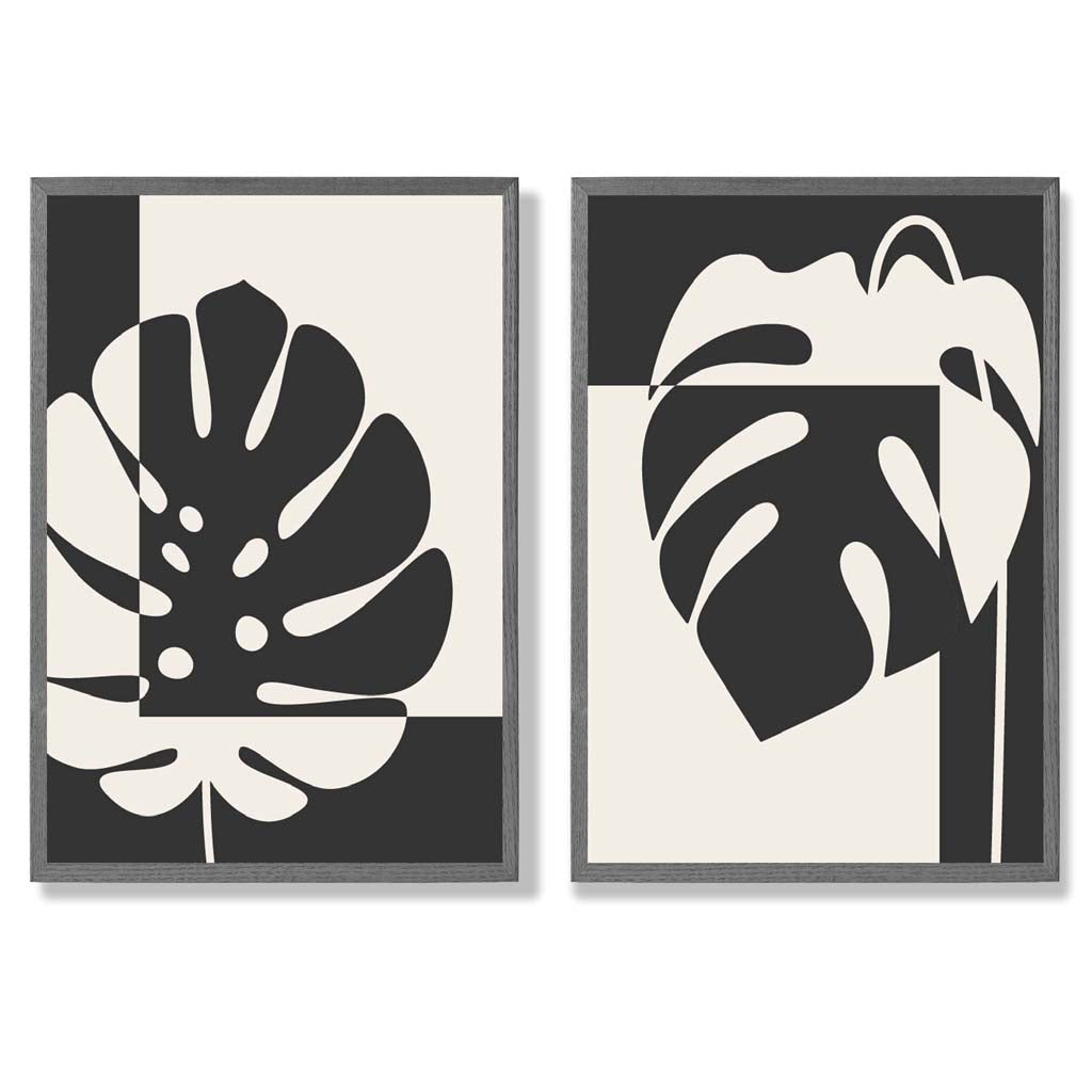 Sett med 2 innrammede kunsttrykk med Monstera-motiver i svart og beige