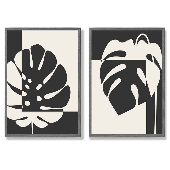 Sett med 2 innrammede kunsttrykk med Monstera-motiver i svart og beige