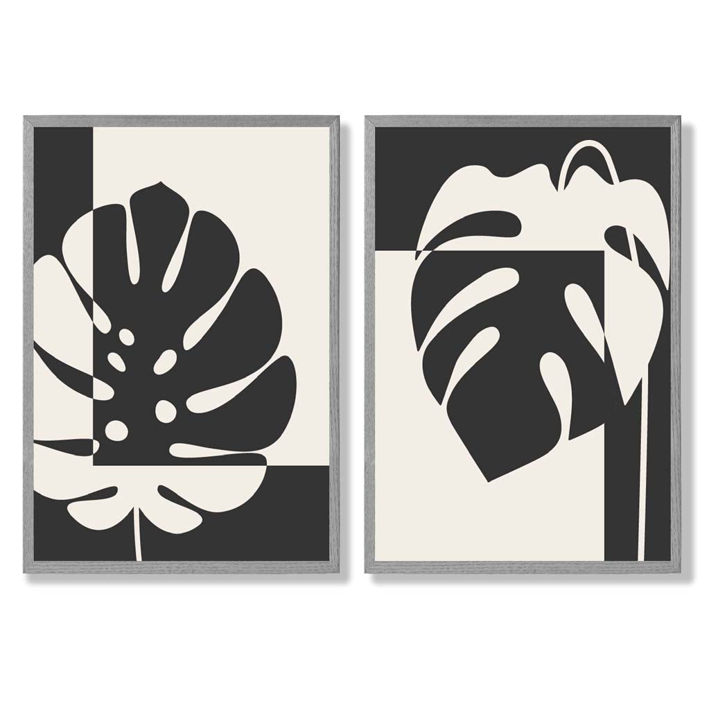 Sett med 2 innrammede kunsttrykk med Monstera-motiver i svart og beige