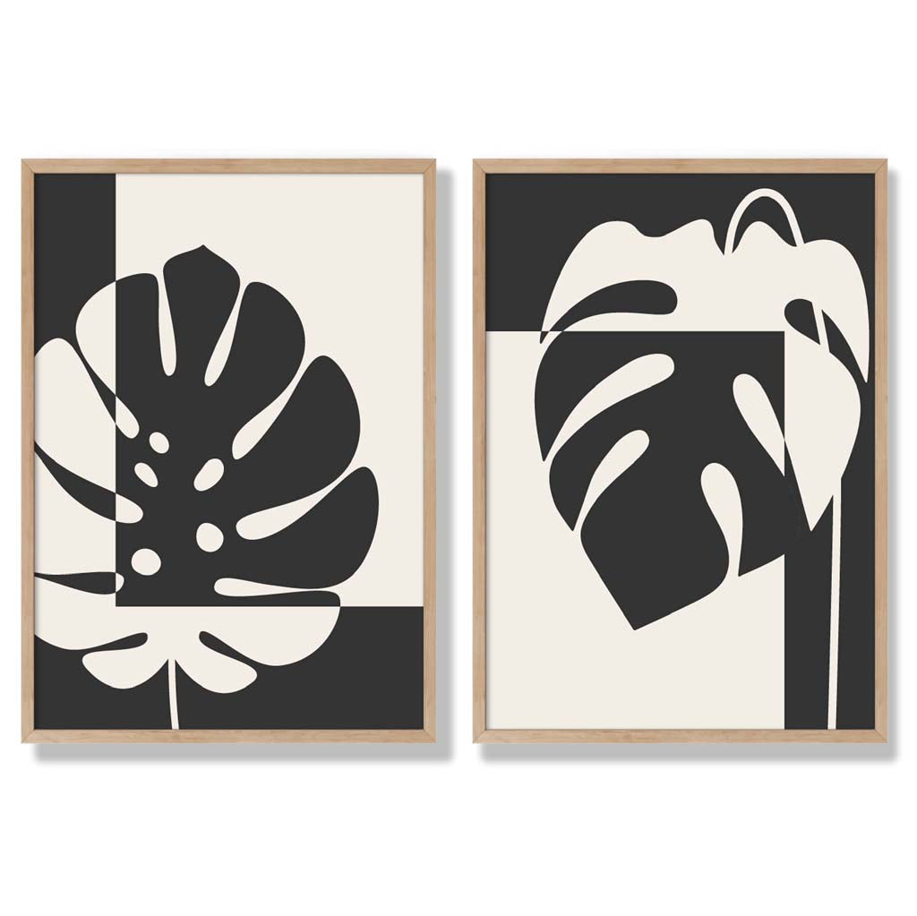 Sett med 2 innrammede kunsttrykk med Monstera-motiver i svart og beige