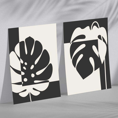 Svart og beige Monstera, sett med 2 kunsttrykk