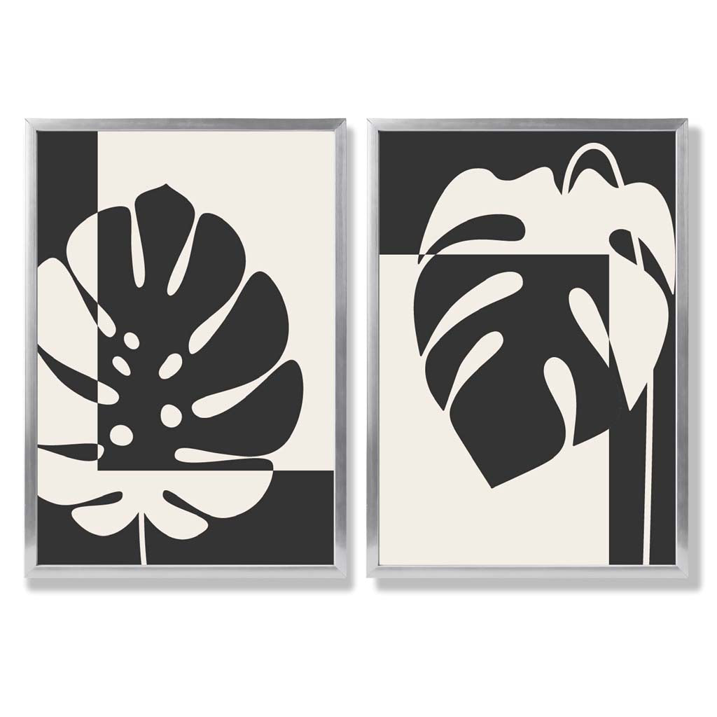 Sett med 2 innrammede kunsttrykk med Monstera-motiver i svart og beige