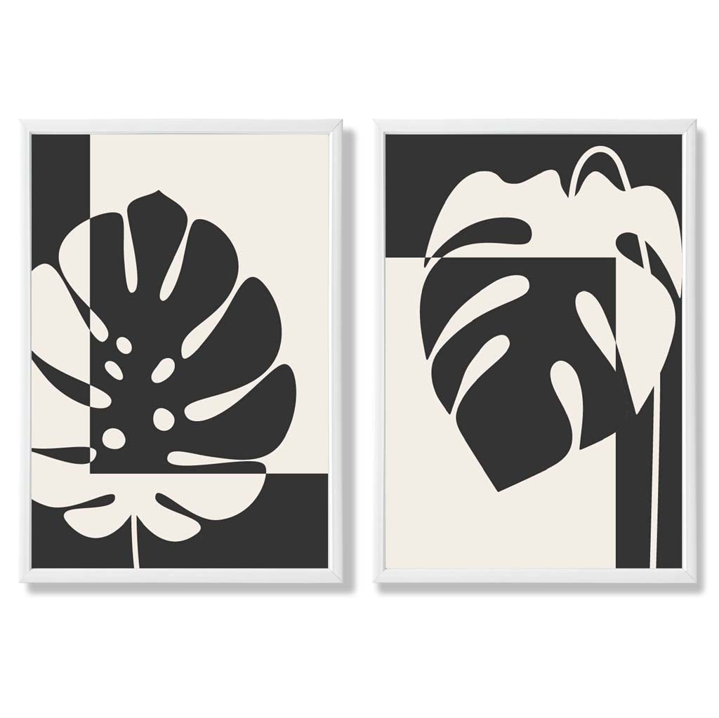 Sett med 2 innrammede kunsttrykk med Monstera-motiver i svart og beige