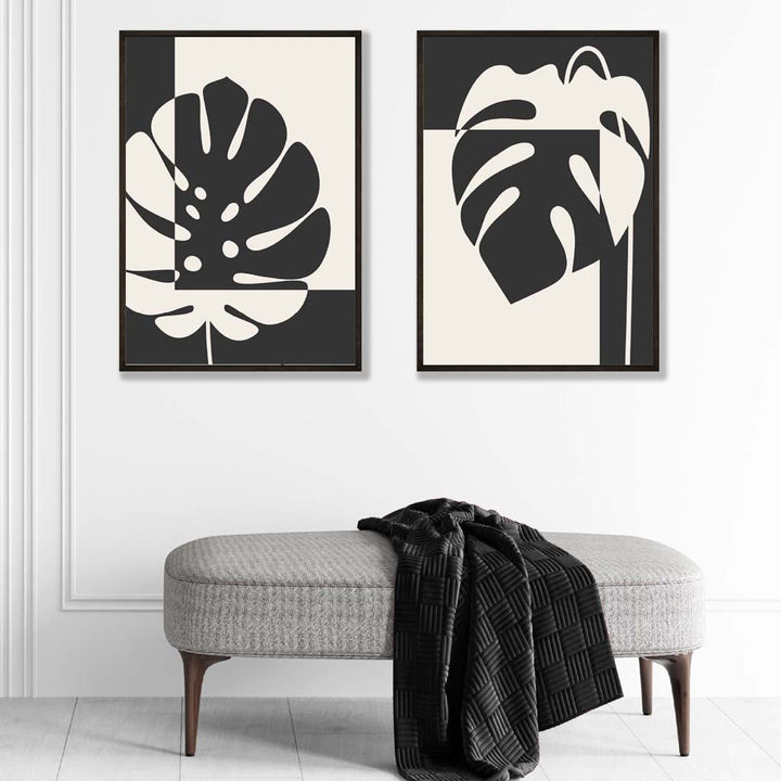 Svart og beige Monstera, sett med 2 kunsttrykk