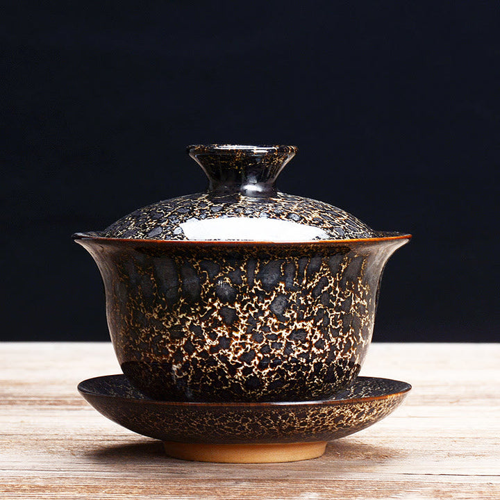 Skanto | Vintage Brennovn Keramisk Gaiwan Sancai Tekopp Tekopp og Tallerken med Lokk