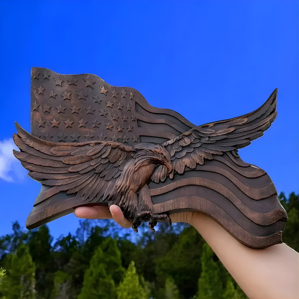 Amerikanische Flagge – Wanddeko aus Holz, håndgeschnitzter Adler, patriotisk dekorasjon