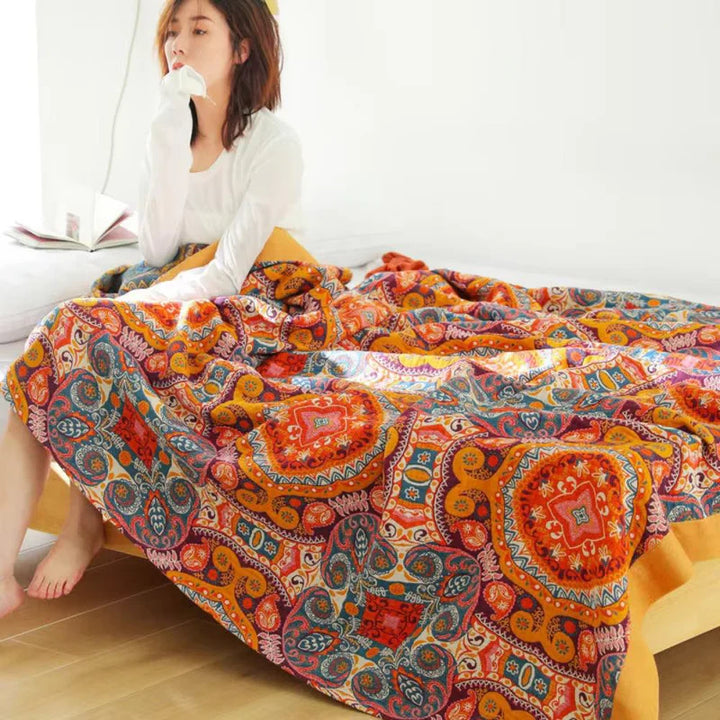 Sunrise Boho Vendbar Teppe, 100% Bomull Kjølende Quilt | Skanto