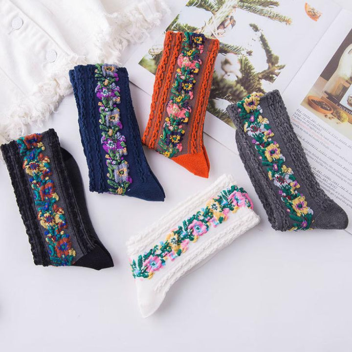 Skanto | 🧦🌸Vintage Broderte Blomst Sokker (5 Par)