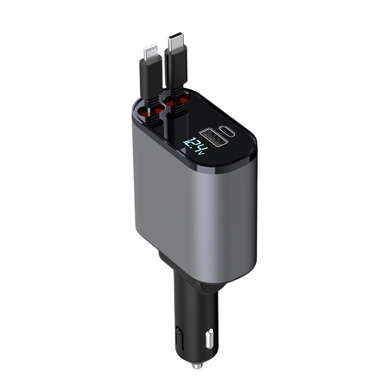 4-i-1 Bil Charger med Uttrekkbar Kabel | Skanto