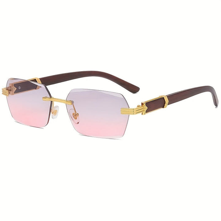 Rimless solbriller med rektangulære linser og faux tre templer – Verro | Skanto