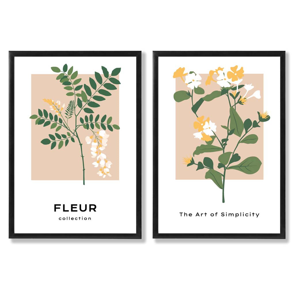 Sett med 2 kunsttrykk med beige og grønne villblomstmotiver i rammer