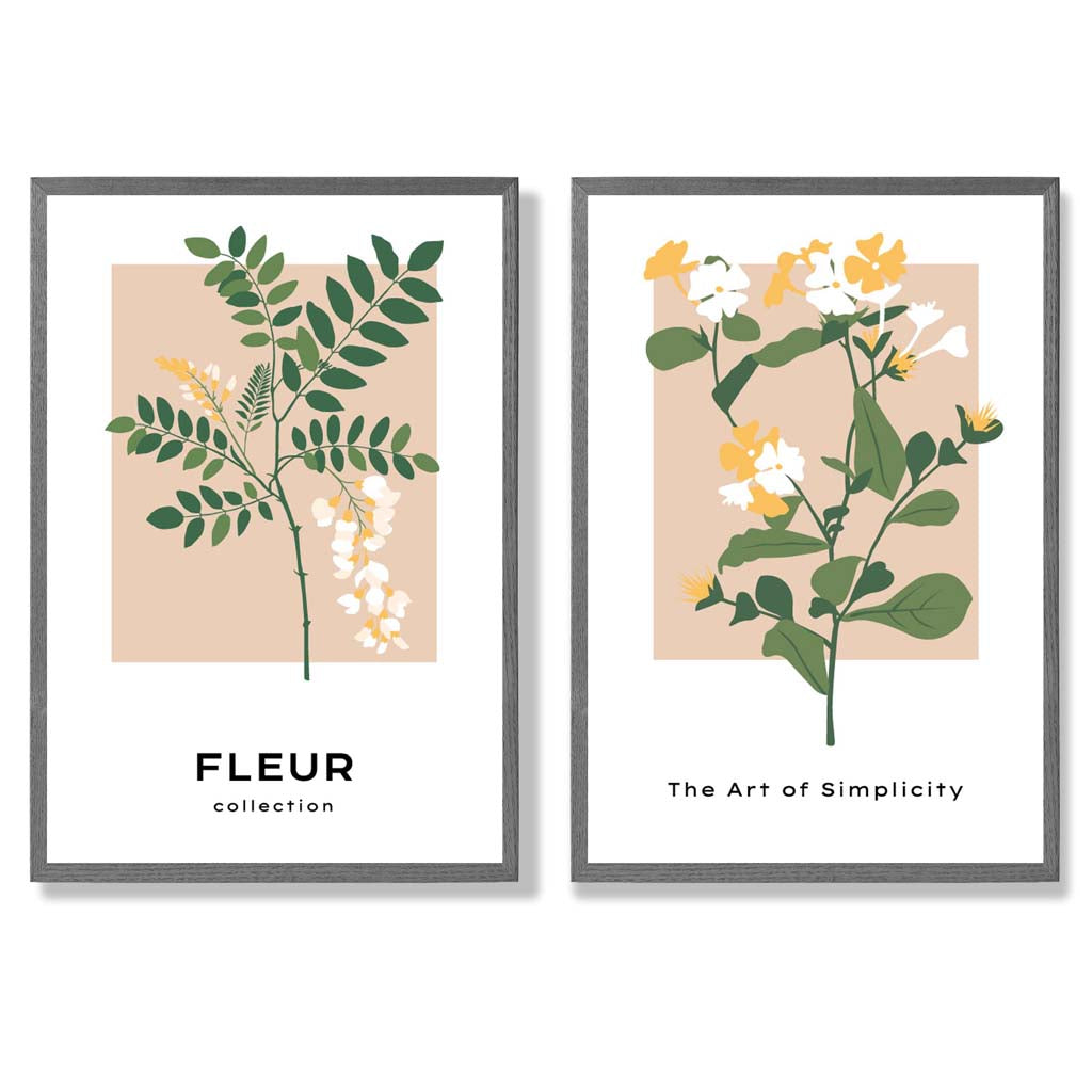 Sett med 2 kunsttrykk med beige og grønne villblomstmotiver i rammer