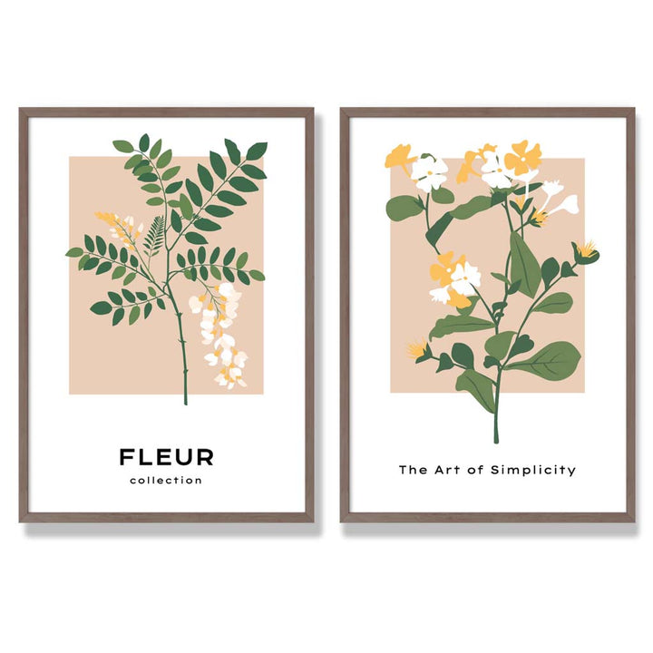 Sett med 2 kunsttrykk med beige og grønne villblomstmotiver i rammer