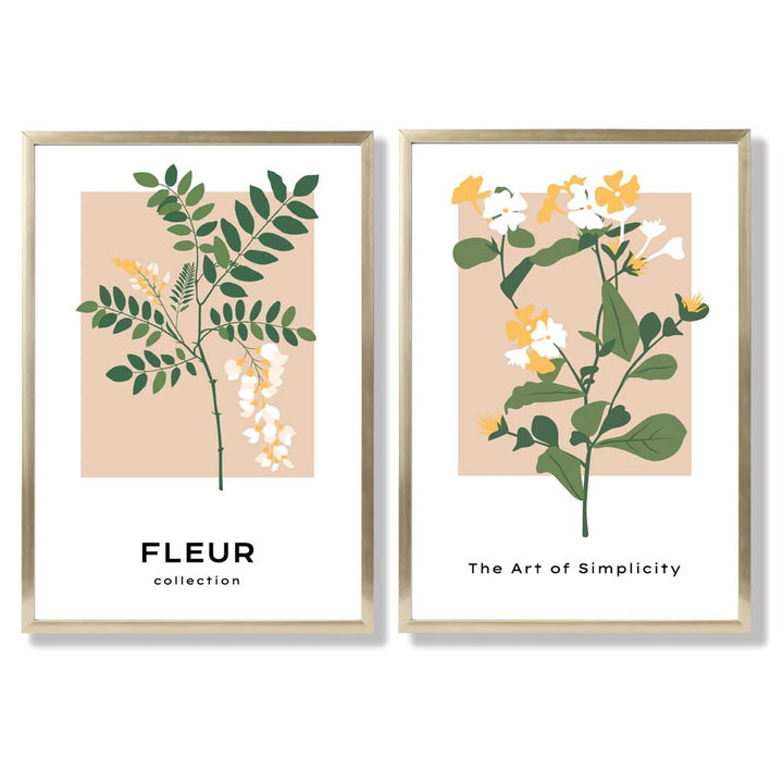 Sett med 2 kunsttrykk med beige og grønne villblomstmotiver i rammer