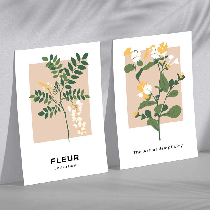 Sett med 2 kunsttrykk med beige og grønne villblomstermotiver
